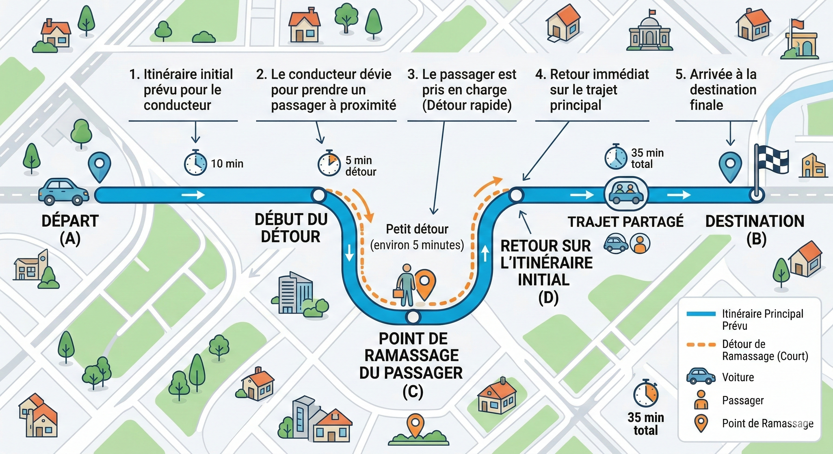 Schéma du détour court conducteur limité à environ 5 minutes